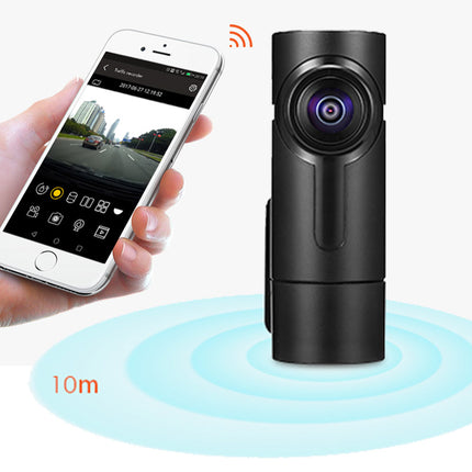 A black cylindrical car backup camera shown next to a hand holding a smartphone displaying a live feed, with a blue 10m range graphic and wireless signal icon on a white background.