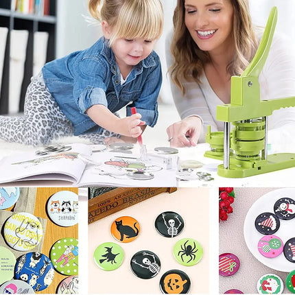 Woman and child using a button maker with finished buttons displayed.