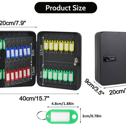 Key storage box with keychains and measurements on a white background
