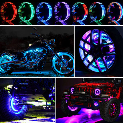 Collage of LED wheel lights in various colors on different vehicles.