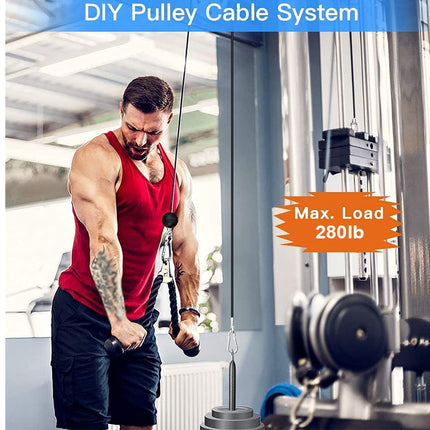 A man in a red tank top and black shorts exercises a cable pulley machine in a gym, with a blue banner reading 'DIY Pulley Cable System' and an orange badge stating 'Max. Load 280lb'.