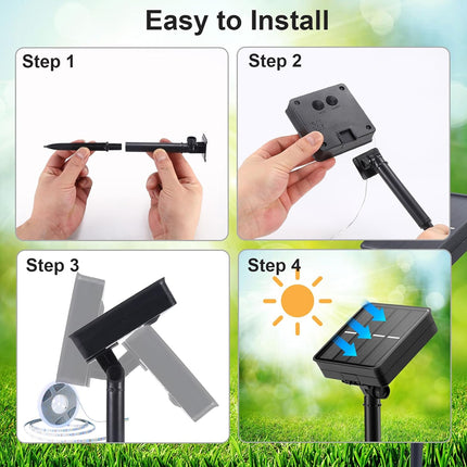 Step-by-step installation guide for a solar light system with hands performing actions.