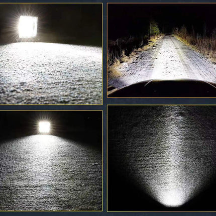 Collage of four images showing a vehicle's headlight beam on a snowy road at night.