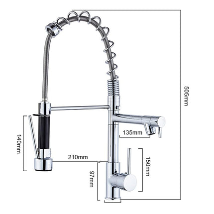 Chrome kitchen faucet with measurement details on a white background