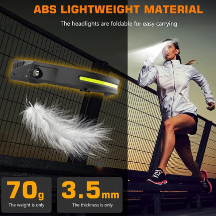 Lightweight material headlight with a woman running, feather for scale, and text about weight and thickness.
