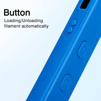 Close-up of a blue electronic device showing side buttons and text that reads 'Button Loading/Unloading filament automatically' on a light blue background.