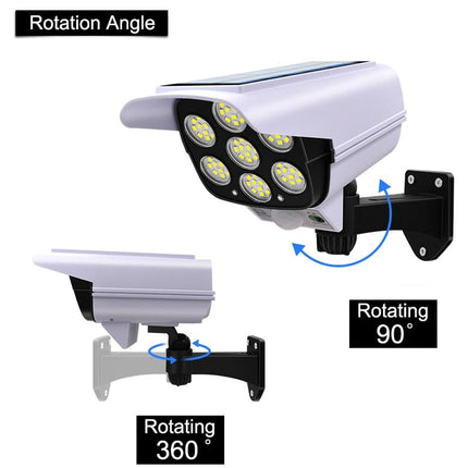 Solar security camera with rotation angles labeled on a white background