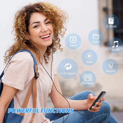 Woman holding a phone with smartphone functions displayed on screen