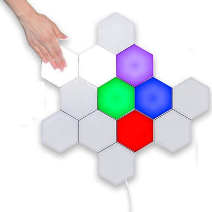 Hexagonal LED lights with colorful illumination on a white background