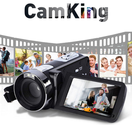 CamKing video camera with family photos displayed on the screen against a white background