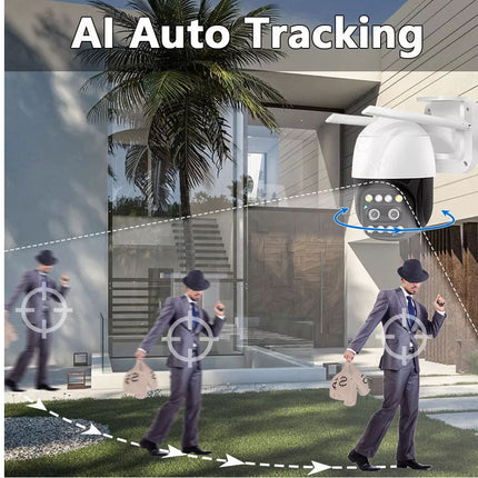 Security camera with AI auto tracking feature in front of a modern building.