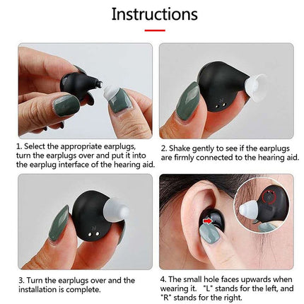 Instructions for using hearing aid earplugs with close-up images of hands and ears.