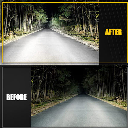 Comparison of a road at night with headlights on and off, labeled 'Before' and 'After'.