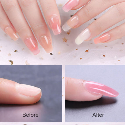 Before and after comparison of nail polish application on a hand with a star-patterned background.