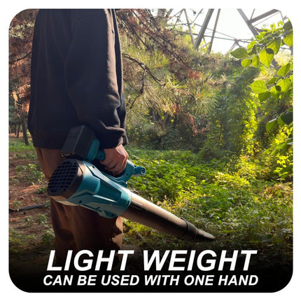 Person using a handheld leaf blower in a forest setting with text 'Light Weight Can Be Used With One Hand'.