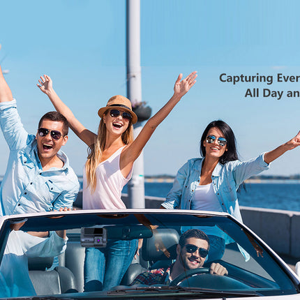 People in a convertible car with raised arms on a clear day, text 'Capturing Every Detail All Day and Night' above.