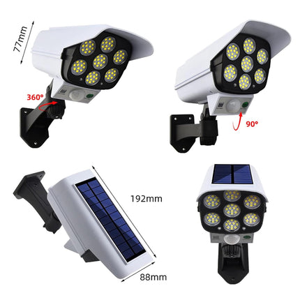 Solar-powered security light with measurement details on a white background
