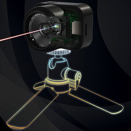 Camera with laser pointer projecting a 3D outline of a helmet on a dark background