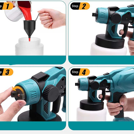 A four-panel instructional graphic showing how to use a teal and black paint spray gun. Step 1 shows pouring liquid into the nozzle, Step 2 shows the gun alone, Step 3 shows a hand adjusting a dial, and Step 4 shows the gun being held and aimed.