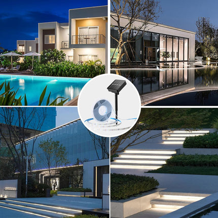 Collage of outdoor scenes with a solar light in the center.