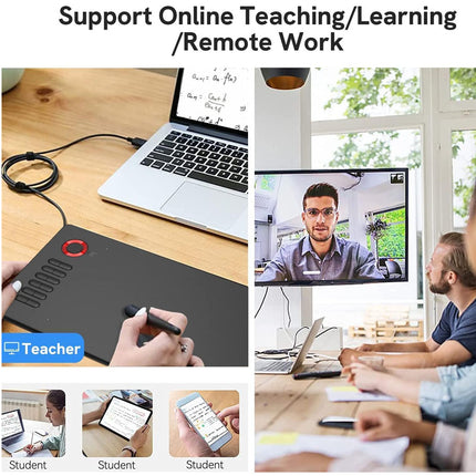 Collage of images supporting online teaching, learning, and remote work with a laptop, drawing pad, and video call.