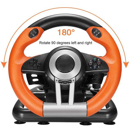 Orange and black steering wheel with rotation capabilities on a white background