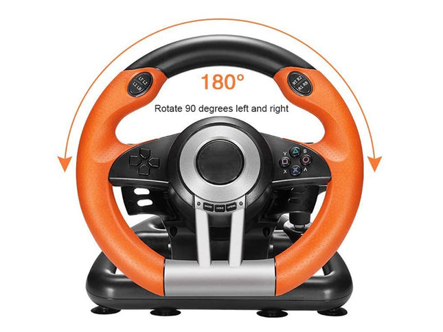 Orange and black steering wheel with rotation capabilities on a white background