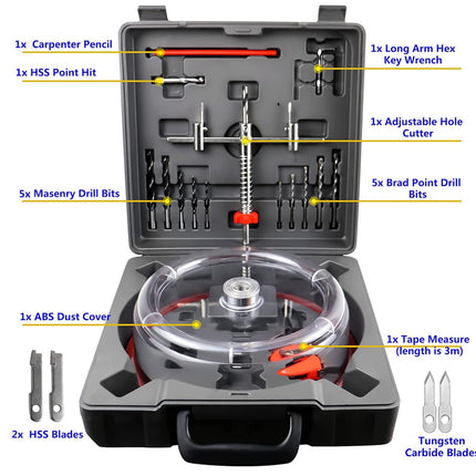 Open tool kit with various drill bits and accessories labeled on a white background