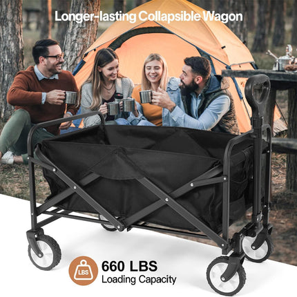 Collapsible wagon with people around it, featuring a tent in the background.