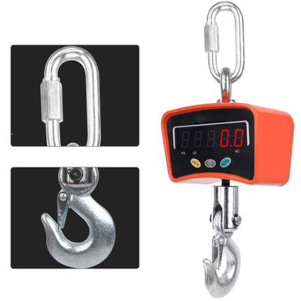 Digital hanging scale with a hook on a white background