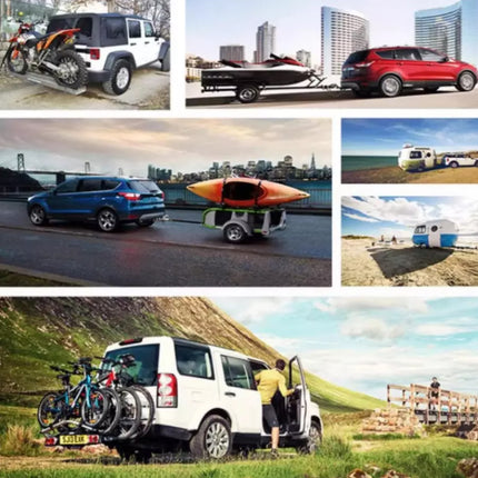 Collage of various vehicles with attached trailers or equipment in different settings.