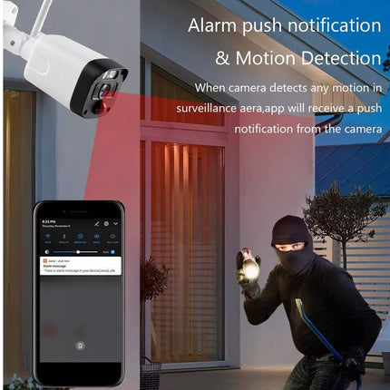 Security camera with smartphone app showing alarm push notification and motion detection, with a burglar in the background.