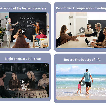 Set of video clips showing different scenes including a classroom, office meeting, night shots, and a beach.