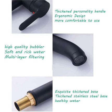 Black water faucet handle with text highlighting features on a white background