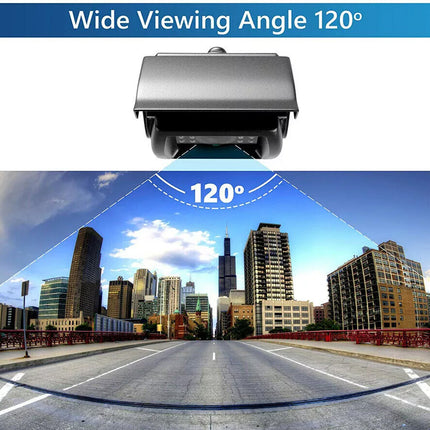 Projector with wide viewing angle 120° displayed on a screen showing a cityscape.