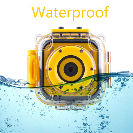 A yellow and clear waterproof camera housing shown underwater with a large lens on the front, bubbles, and a wave line across the water surface. The word 'Waterproof' appears in yellow at the top.