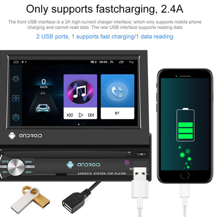 Car multimedia system with Android interface, smartphone, and charging cable on a white background.
