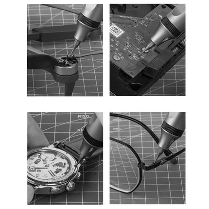 Black and white collage of a watch being repaired with a soldering iron on a grid.