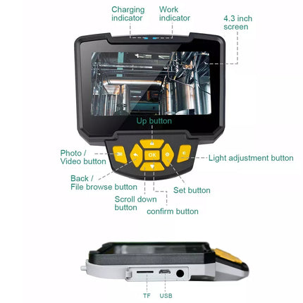 Diagram of a device with labeled buttons and features on a white background