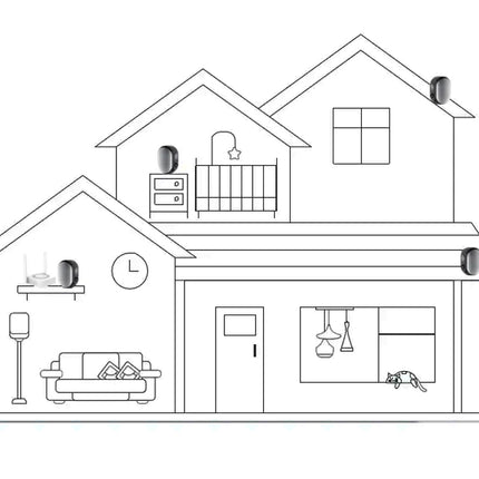 Line drawing of a house with furniture inside