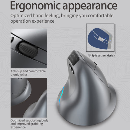 Ergonomic mouse with text highlighting features on a gray background