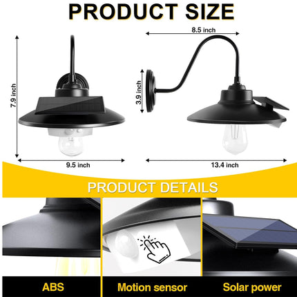 Product size and detail diagram for a black outdoor solar motion-sensor wall light, showing front and side dimensions in inches and close-up detail panels labeled ABS, motion sensor, and solar power.