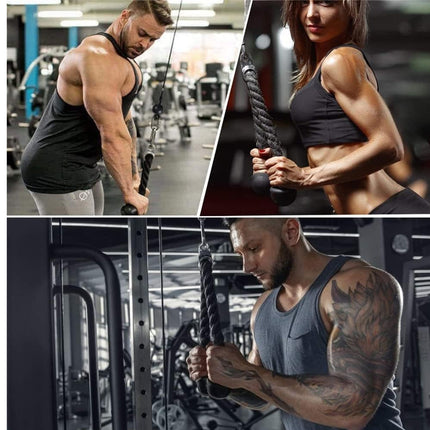 A three-panel collage showing muscular gym-goers performing cable exercises in a fitness center. The top-left panel shows a man in a black tank top pulling a cable.