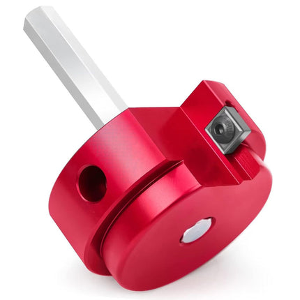 Red metal component with a white shaft on a white background