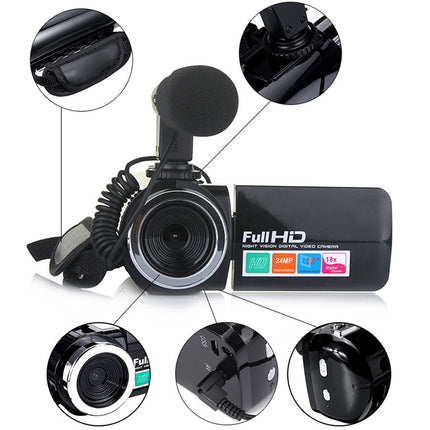 Full HD video camera with various parts highlighted on a white background