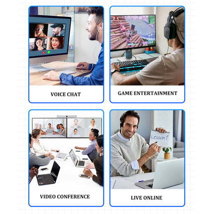 Four scenes showing different uses of a computer for voice chat, game entertainment, video conference, and live online activities.