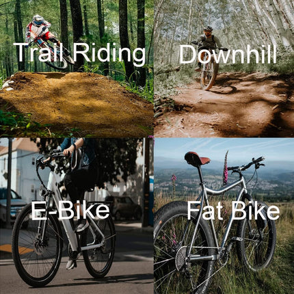 Collage of different types of biking activities with corresponding text labels.
