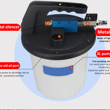 A technical product diagram of a 3L oil pump with labeled callouts pointing to the metal silencer, metal valve, and old oil port, on a light gray background with a blue circular highlight.