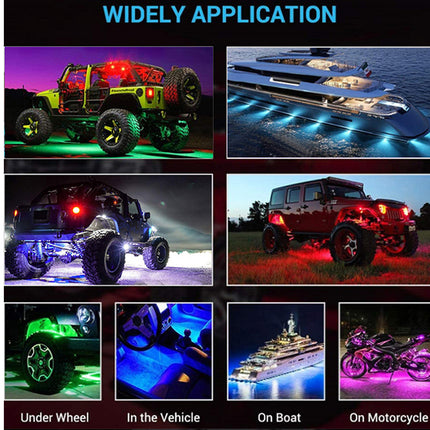 A collage showing multiple vehicles and a yacht illuminated by colorful under-wheel and in-vehicle LED lights. The top text reads 'WIDELY APPLICATION' in blue, and the bottom text labels examples including 'Under Wheel,' 'In the Vehicle,' 'On Boat,' and 'On Motorcycle.