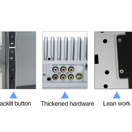 Three close-up product detail views on a white background: a backlit button panel on the left, thickened hardware and RCA connectors in the center, and a reinforced side panel on the right, with labels underneath.
